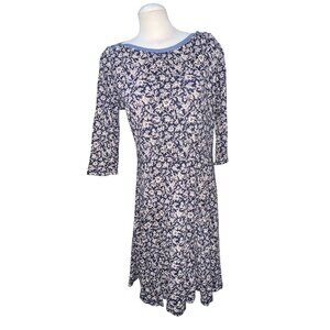 Ralph Lauren Navy Floral Print Dress 3/4 Sleeves & Scoop Neckline Sz Large Blue
